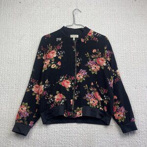 Monteau Los Angeles Full Zip Jacket Black Foral Roses AOP Women Sz M Read
